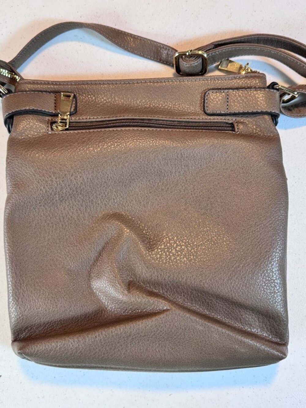 Multi Pocket Faux Leather Crossbody Purse Brown Taupe Adjustable Strap - Picture 4 of 10